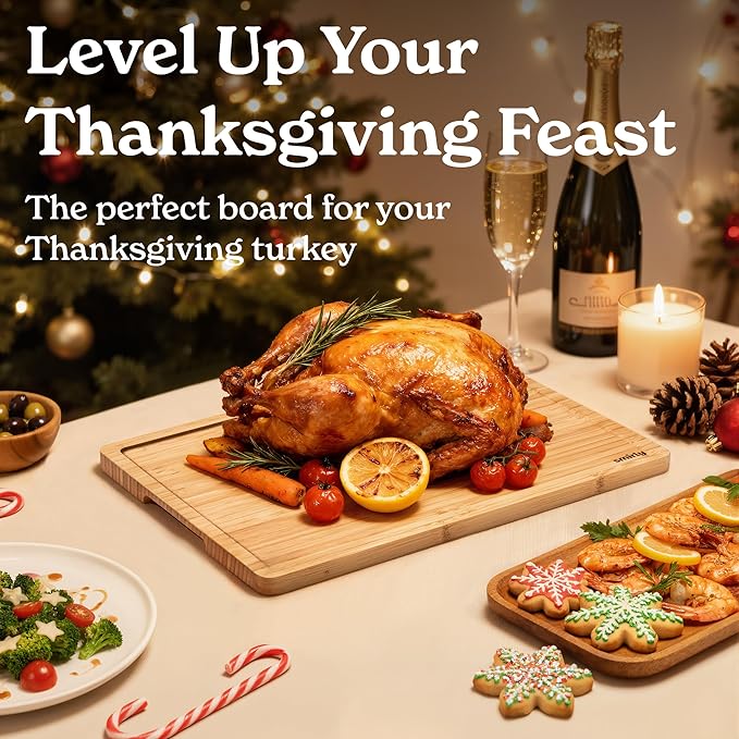 SMIRLY Wood Cutting Boards for Kitchen Wooden Chopping Board Set Reversible with Deep Juice Grooves Grip Handles, Large Charcuterie Tray for Home Kitchen, Natural Birch, 3Pcs with Holder