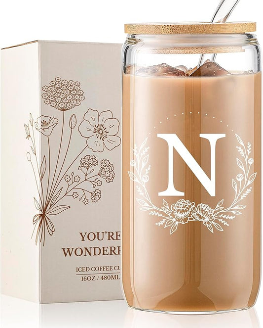 Personalized Gifts for Women, Monogrammed 16oz Glass Cups with Bamboo Lids and Straws, Customized Glass Tumbler, Cute Custom Mug, Customizable Initial Iced Coffee Glasses, Birthday Bridesmaid Mom, N