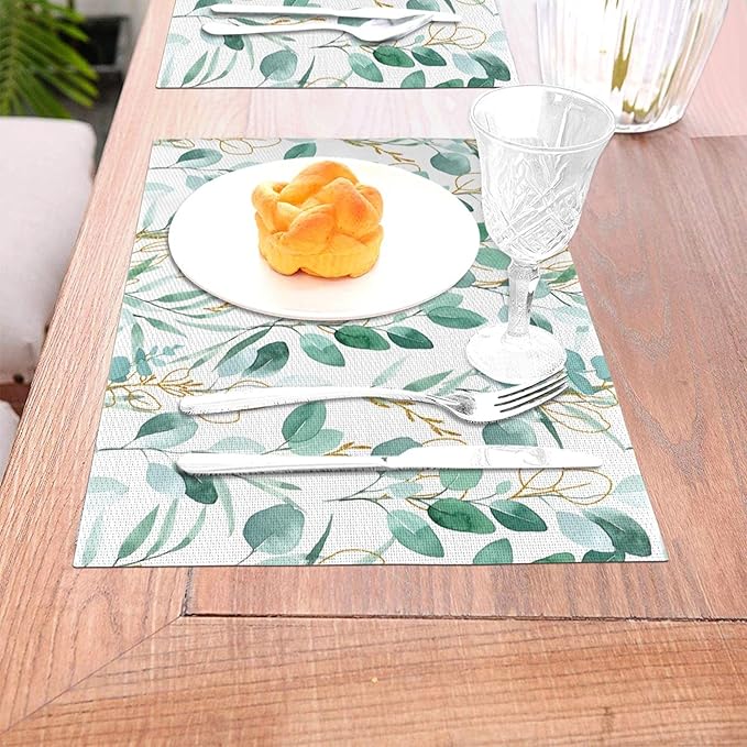 Sage Green Leaves Placemats Set of 4 Cute Botanical Dining Table Mats Washable Place Mats for Kitchen Dinner Spring Summer Parties Wedding Decorative 12"x18"
