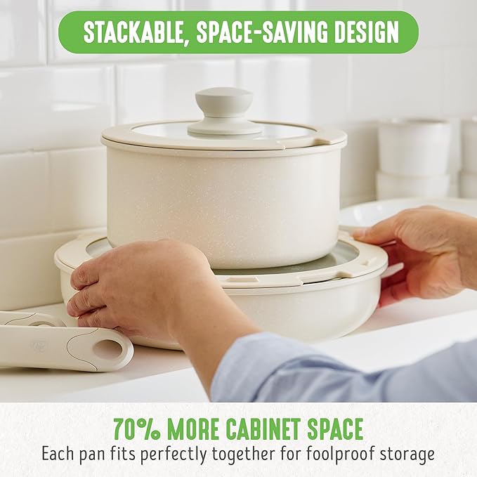 GreenLife 10 Piece Nonstick Pots & Pans Set, Detachable Handle & Stackable Cookware Set, Non Toxic PFAS-Free Skillets, Induction Kitchen Pans, Space Saving, Serving Bowls, Oven Safe, Speckled Cream