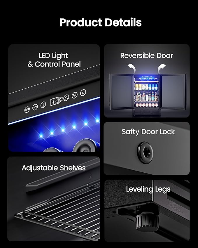 24 In Beverage Refrigerator, 112 Cans & 8 Bottles Wine Fridge with Double-Layer Glass Door, Built-In or Freestanding Wine and Beverage Refrigerator, Under Counter Fridge for Home/Bar/Cafe