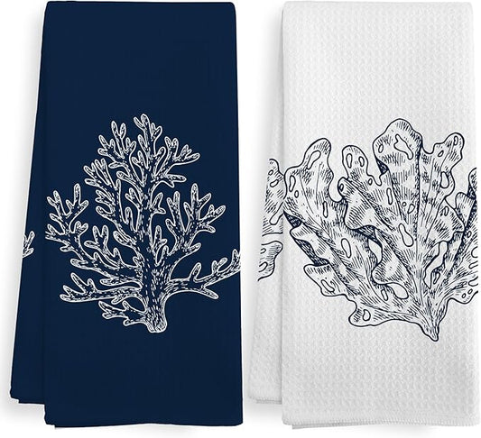 Coastal Beach Coral Summer Bathroom Hand Towels Sets of 2, Nautical Beachy Ocean Theme Bathroom Decor Accessories, Coastal Navy Blue Decor Kitchen Dish Tea Towels for Kitchen, 16x24 Inch