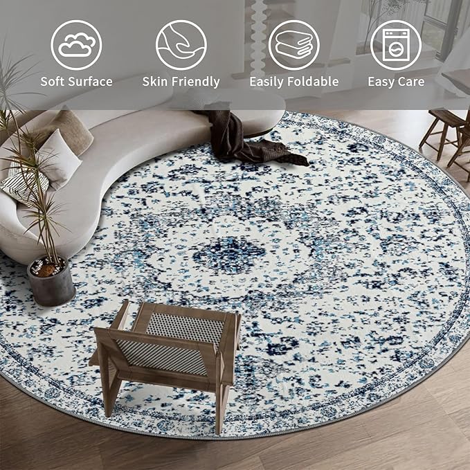 Easy-Going Round Rug 6ft Area Rug Washable Boho Circle Rugs for Living Room Non-Slip Bedroom Rug Low Pile Lightweight Floral Print Vintage Throw Rug for Dining Room Kitchen Home Office, Blue Cream