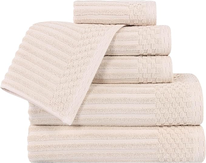 Cotton 6-Piece Solid and Ribbed Towel Set, Face Towels 13” x 13”, Hand Towels 16” x 28”, Bath Towels 27” x 54”, Ivory by Superior