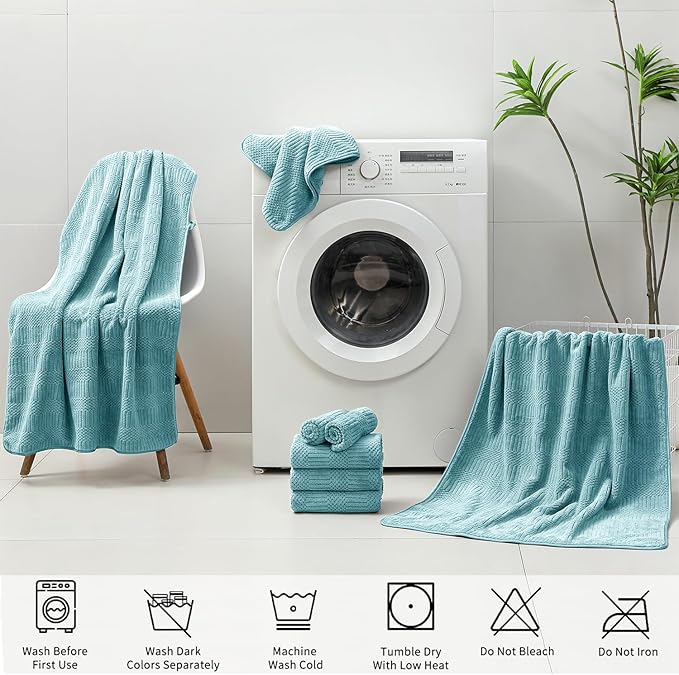 18 Pcs Turquoise Woven Family Towels Set-6 Bath Sheets,6 Hand Towels,6 Washcloths Soft Polyester Towels Absorbent Shower Towel Quick Dry Beach Chair Towel Lint Less Towels Set for Bathroom Spa Gym