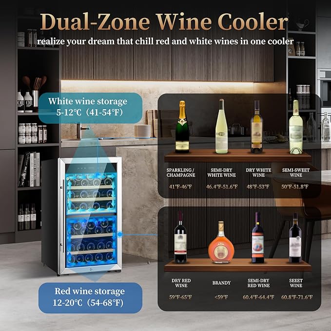 Wine Fridge,52-bottle Wine Cooler Refrigerators Freestanding Wine Refrigerator,(Bordeaux 750ml) Dual Zone Compressor Wine Chiller