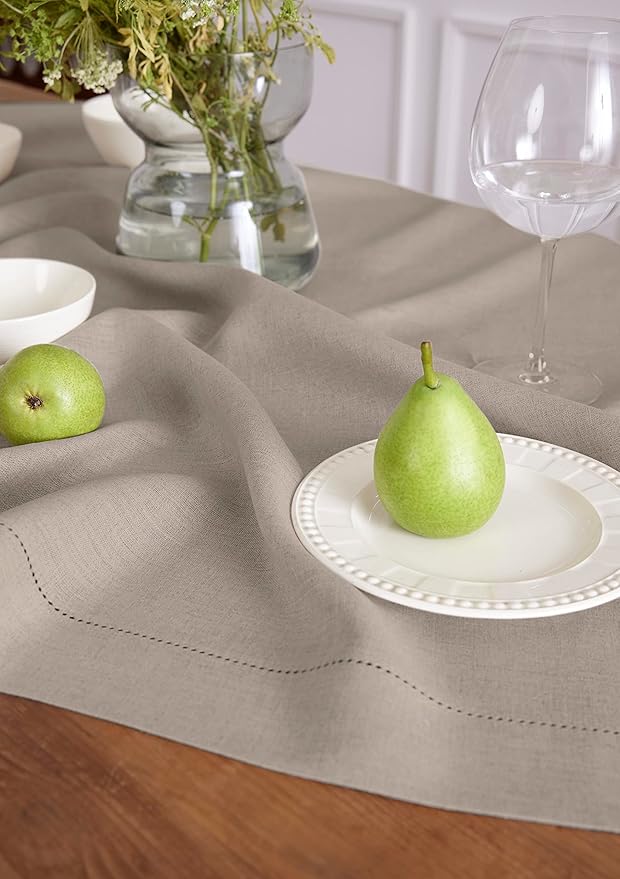 Solino Home Natural Linen Tablecloth 52 x 52 Inch - 100% Pure Linen Square Table Throw - Classic Hemstitch, Machine Washable Table Cloth for Holiday, New Year