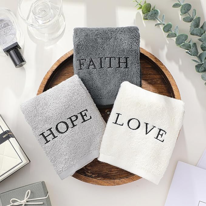 3 Pcs Faith Hope Love Farmhouse Decorative Hand Towels for Bathroom and Kitchen Rustic Embroidered 100% Cotton Hand Towels Decorative Set for Boho Bathroom Decor