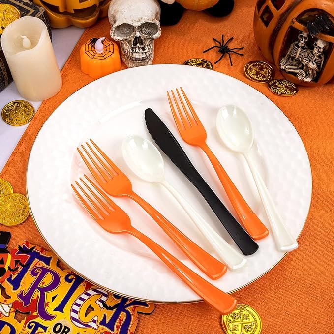 NOCCUR 180PCS Christmas Plastic Silverware Set - Tricolor Flatware Disposable Supplies Include 60 Black Knives, 60 Orange Forks, 60 White Spoons - Ideal for Thanksgiving Party
