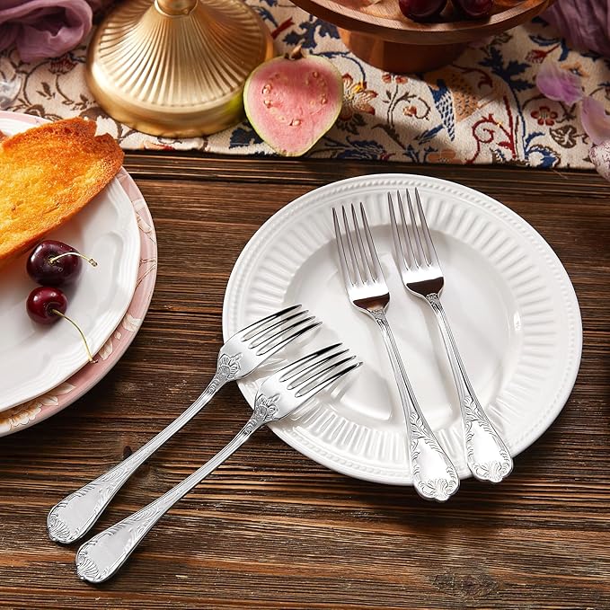 KEAWELL Premium Regalia Set of 4 Forks 7.4-Inch – Ornate 18/10 Stainless Steel Silverware with European Vintage Embossed Handles, Dishwasher Safe for Elegant and Formal Entertaining (4, Salad Forks)