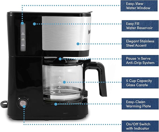 Elite Gourmet EHC9420 Automatic 5-Cup Brew & Drip Coffee Maker with Pause N Serve Reusable Filter, On/Off Switch, Water Level Indicator