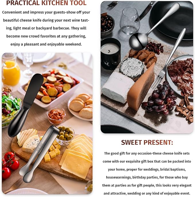 14 Pieces Charcuterie Board Accessories Cheese Spreader Knives Set Stainless Steel Charcuterie Utensils Spreader Knives Mini Serving Tongs Spoons and Forks for Cheese and Pastry Making (Black)