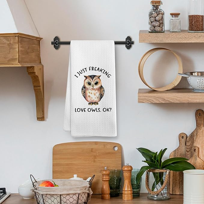 Funny Owl Kitchen Towels, Owl Gifts for Women, Cute I Just Freaking Love Owls Decor Dish Hand Tea Towels for Home Bathroom Kitchen, Woodsy Animals Kids Bathroom Decor, 16x24 Inches