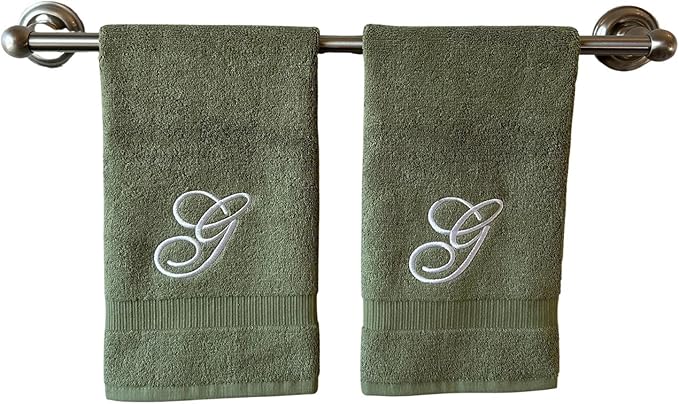 Sage Monogrammed Hand Towels for Bathroom - Luxury Hotel Quality Personalized Initial Embroidered Towel for Powder Room, Spa - GOTS Organic Certified - Set of 2 White Letter G