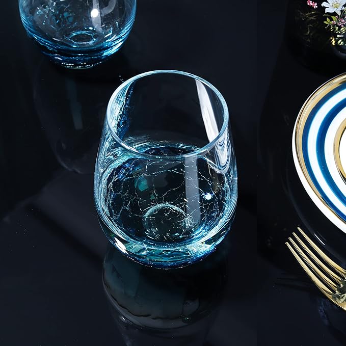 Joeyan Handmade Blue Stemless Crackle Wine Glasses Cups,Large Crystal Red Wine Tumblers,Aesthetics Glassware Collection, Home Gift,Set of 2,19 oz