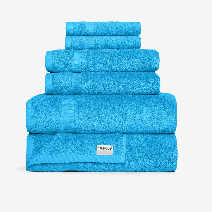 SALBAKOS 100% Turkish Cotton 6-Piece Towel Set | Heirloom Quality Hotel & Spa Collection | Soft, Super Absorbent 2 Washcloth, 2 Hand, 2 Bath Towel Sets | Made in Turkey (Aqua, 6 Piece Towel Set)