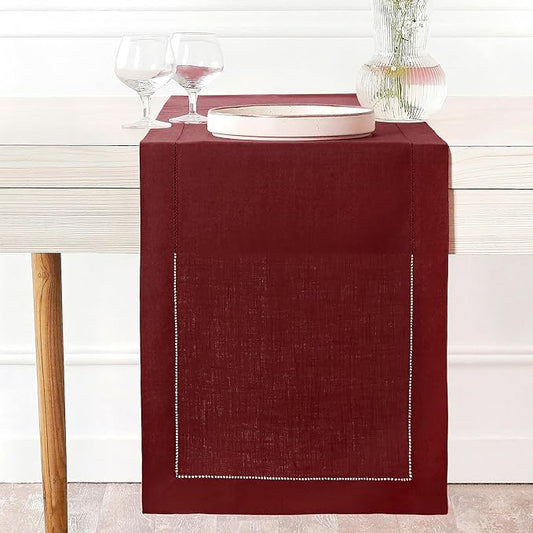 D'Moksha Homes Linen Dark Red Table Runner 72 Inches Long - 100% Pure Linen Hemstitch Table Runner 14 x 72 Inch for Dresser, Dining, Winter, Holiday, New Year - Classic Hemstitch