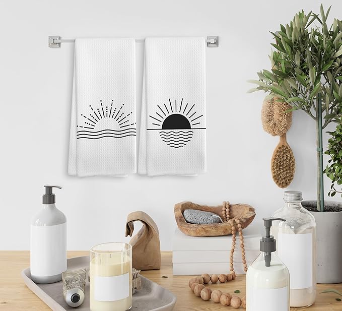 Minimalist Boho Black Sun Sunrise Sunray Sunburst Ocean Wave Sea Horizon Kitchen Towels and Dishcloths Sets of 2,Boho Absorbent Drying Cloth Hand Towels Tea Towels for Bathroom Kitchen,16×24 inches