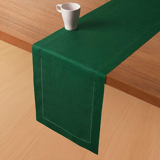 D'Moksha Homes Linen Forest Green Table Runner 84 Inches Long - 100% Pure Linen Table Runner 14 x 84 Inch for Winter, Holiday, New Year - Classic Hemstitch