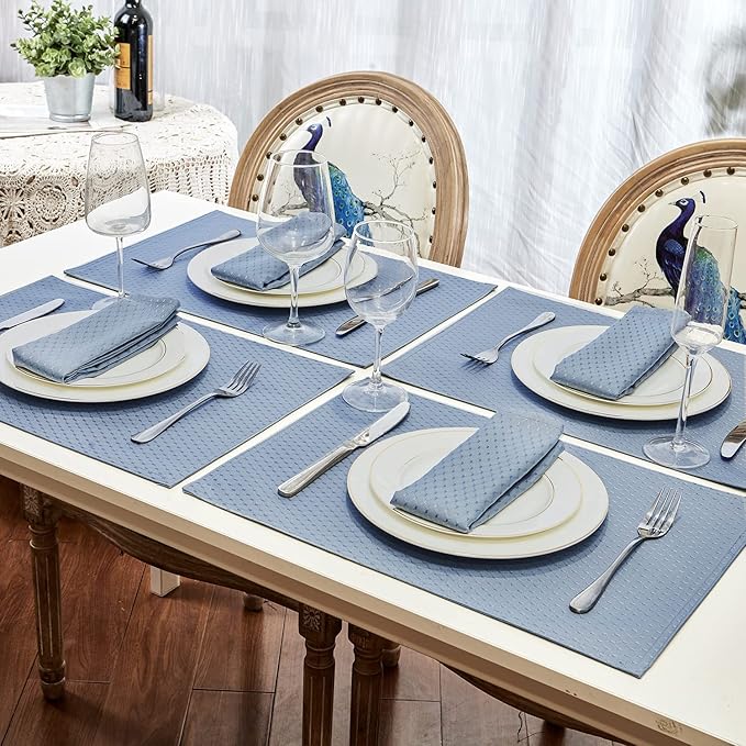 Place Mats Set of 8 – Rectangle Rectangular Waterproof Fabric Polyester Cloth Washable Wipeable Heat Resistant Placemats for Kitchen Dining Dinner Table Indoor 13 x 19 Inch Light Blue