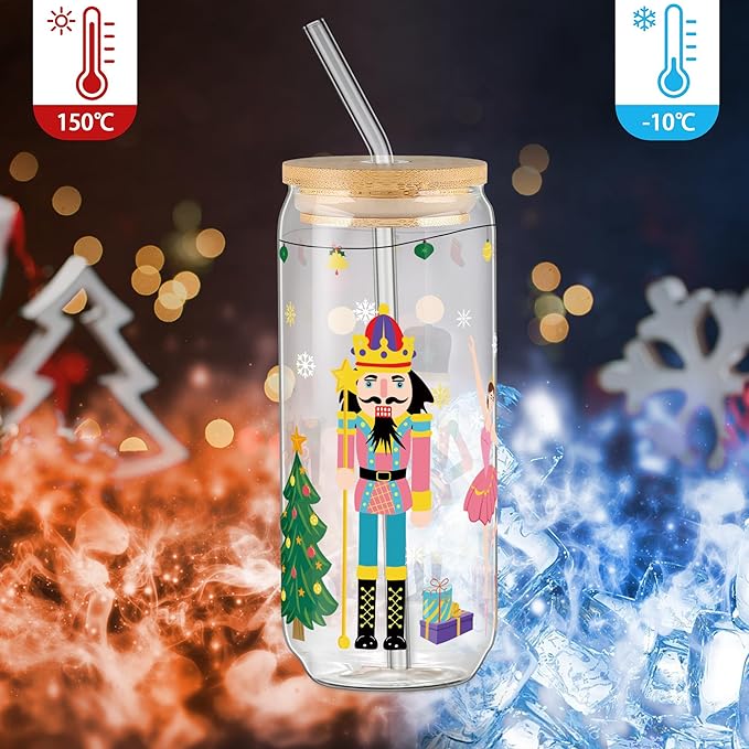Joeyan Christmas Glass Cups with Lids and Straws,Xmas Nutcracker Tumbler Iced Coffee Glass with Keychain and Socks,Decorative 20oz Drinking Glasses with Tree Soldiers Patterns,Gift for Women Family