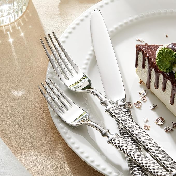 KINGSTONE Retro Rope-Pattern Silverware Set, 10-Piece Flatware Set Cutlery Set Forged with Handcrafted Texture Handles 18/10 Stainless Steel, Dishwasher Safe