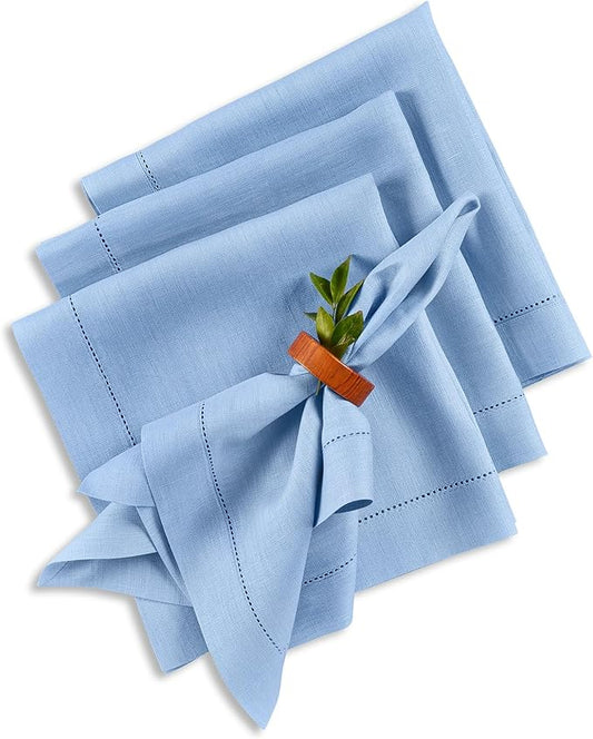 Solino Home Linen Cloth Napkins Set of 4-100% Pure Linen Cornflower Blue Dinner Napkins 20 x 20 Inch - Classic Hemstitch, Handcrafted and Machine Washable - Holiday, New Year