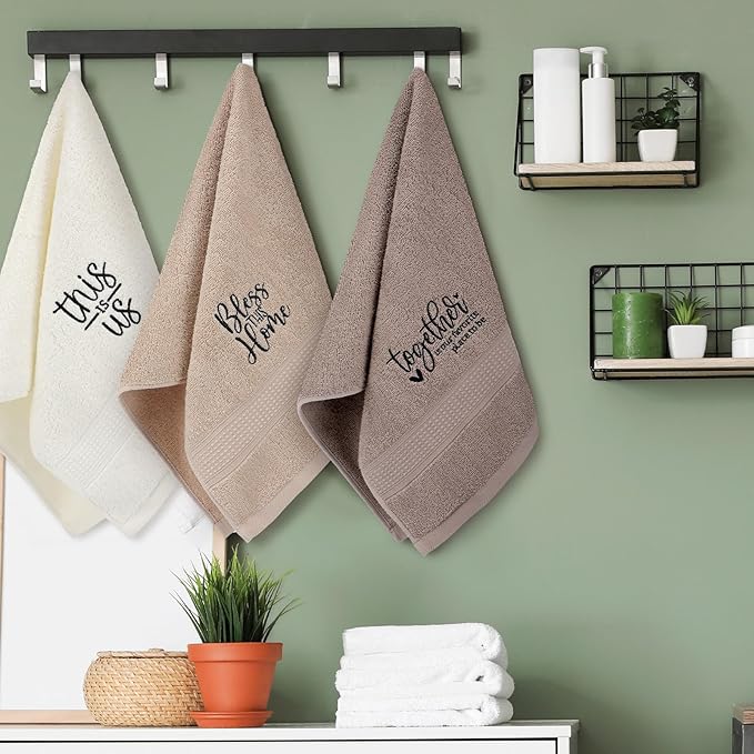 3 Pcs Farmhouse Decorative Hand Towels for Bathroom and Kitchen Rustic Embroidered 100% Cotton Hand Towels Decorative Set for Boho Bathroom Decor(Brown, Inspirational Language)