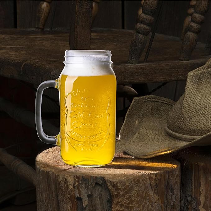 24 OZ Mason Jar Drinking Glasses for Party Beverages Materials and Jars with Comfortable Handle Easy to Clean in the Dishwasher 4Pack