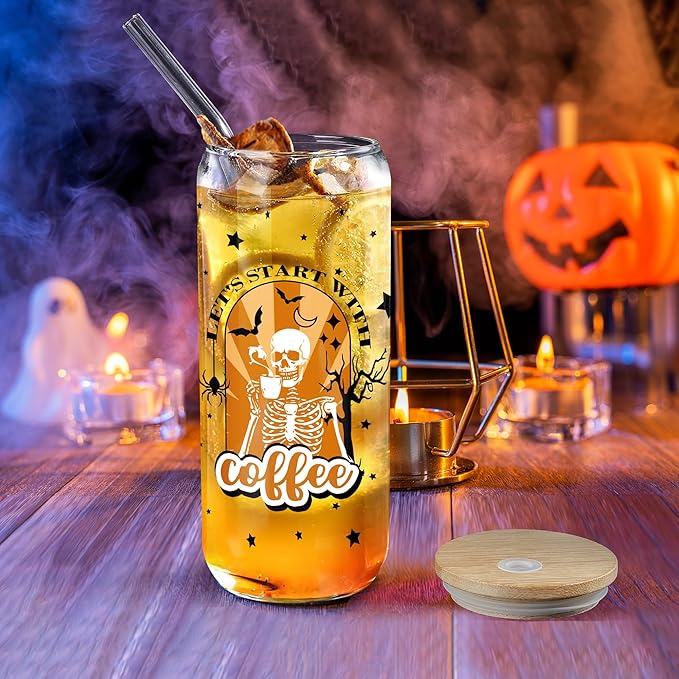 Joeyan Halloween Glass Cups with Lids and Straws,20 oz Iced Coffee Tumbler with Skull and Black Star Patterns,Funny Can Shaped Beer Drinking Glasses,Holiday Gifts for Women Mom Friend Teen