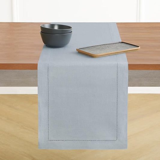 Solino Home Linen Table Runner 144 Inches Long - 100% Pure Linen Dusty Blue Table Runner 14 x 144 Inch for Winter - Classic Hemstitch