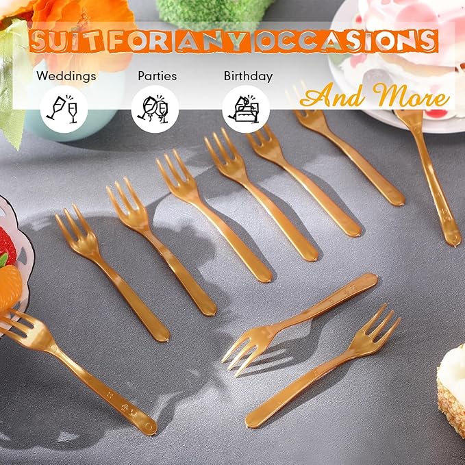 Skylety 500 Pcs Plastic Mini Forks 3.7 x 0.6 Inch Tiny Small Disposable Appetizer Cocktail Tasting Forks Utensils for Fruit Dessert Cakes Serving Supply(Gold)