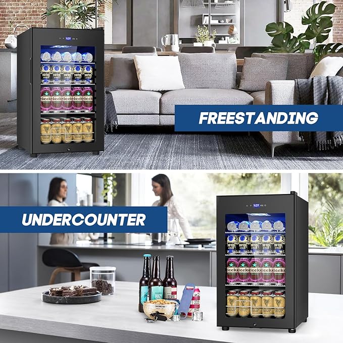 17Inch Beverage Refrigerator and Cooler Freestanding, 96 Cans Mini Fridge with glass door and Lock, Small Drink Fridge for Soda, Beer, Wine, For Home Bar Office with LED Light