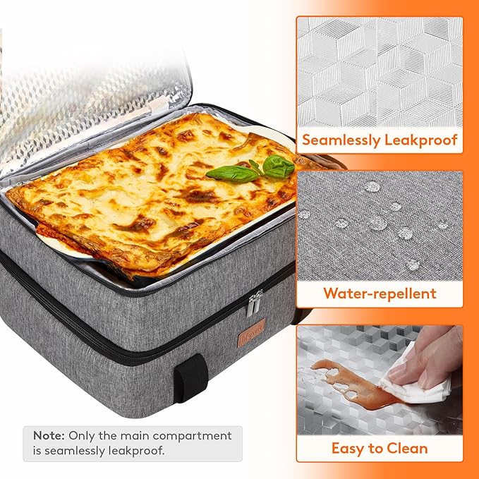 Lifewit Double Decker Insulated Casserole Carrier for Hot or Cold Food, Casserole Dish Carrying Case, Lasagna Holder for Potluck Parties/Picnic/Cookouts, Fits 9"x13" Baking Dish, Grey