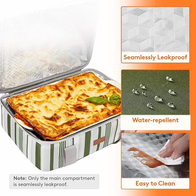 Lifewit Insulated Casserole Carrier for Hot or Cold Food, Casserole Dish with Lid and Carrying Case, Lasagna Holder for Potluck Parties/Picnic/Cookouts, Fits 9"x13" Baking Dish, Dark green