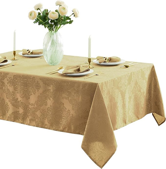 Newbridge Christmas Barcelona Damask Fabric Tablecloth, 60 x 144 Inch Rectangle, Gold – No Iron, Soil Resistant Table Cover for Dining, Parties and Holidays