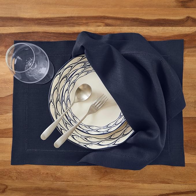 Solino Home Linen Placemats Set of 4 - Medium Weight Hemstitch Navy Blue Placemats 14 x 19 Inch - 100% Pure Linen Table Place Mats for Winter, New Year