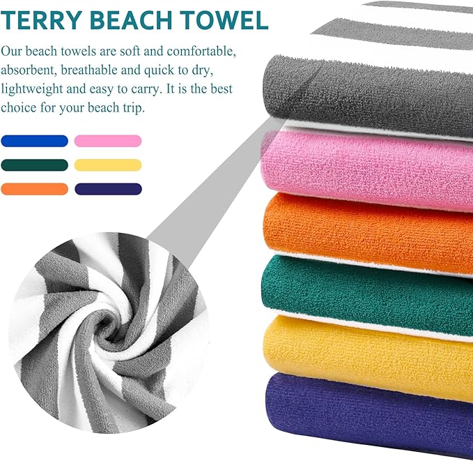 Genovega 6 Packs Oversized Stripe Beach Towel Thin Terry Set Extra Large XL Big Clearance Soft Super Absorbent Swim Towels Pool Bath Travel Accessories Essentials Bulk Men Women Adults Gift Grey