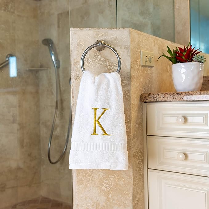 Monogrammed Hand Towels for Bathroom - Luxury Hotel Quality Personalized Initial Decorative Embroidered Bath Towel for Powder Room, Spa - GOTS Organic Certified - Set of 2 Gold Letter K