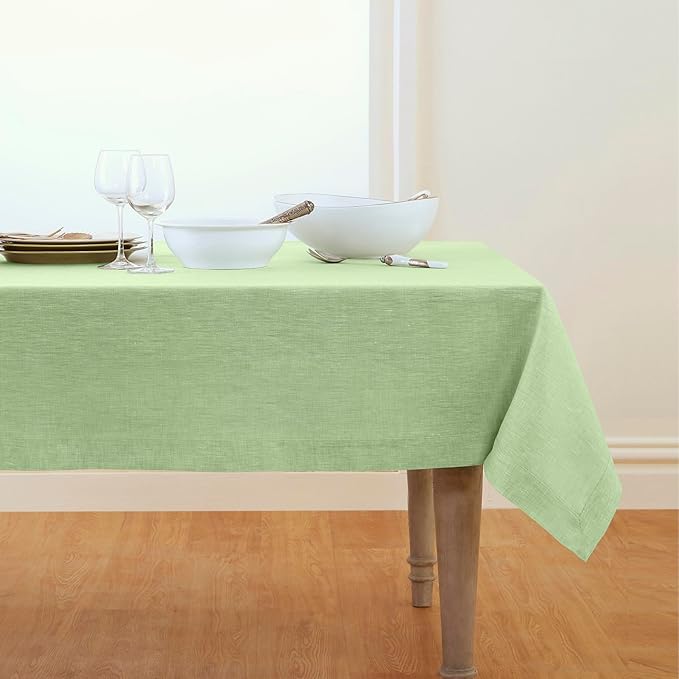 Solino Home Linen Tablecloth 60 x 108 Inch - 100% Pure Linen Chambray Green Table Cloth for Rectangular Tables - Athena, Machine Washable Cloth Tablecloth