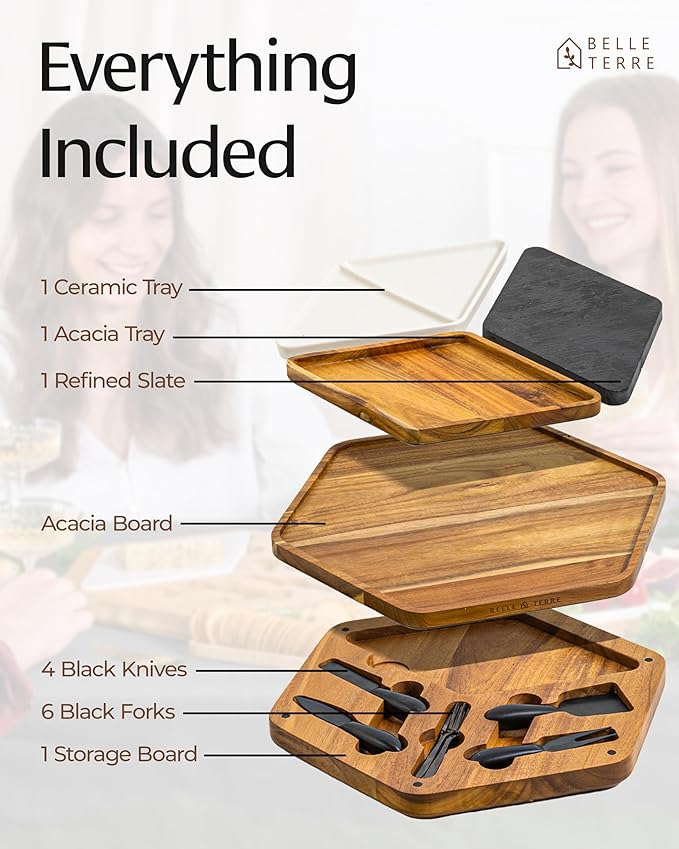 Cheese Board Set - Wood Charcuterie Boards for Serving Cheese, Crackers, Meat, Olives - Serving Board for Gift, Entertaining, & Parties - Wooden Cheese Platter w/Tray, Knives, & Forks
