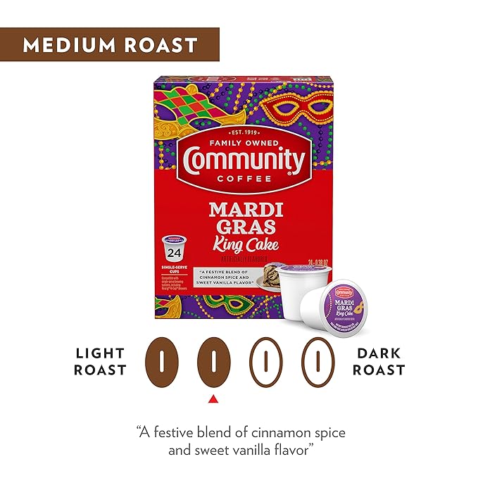 Community Coffee Mardi Gras King Cake Flavored 12 Count Coffee Pods, Medium Roast, Compatible with Keurig 2.0 K-Cup Brewers, 12 Count (Pack of1)