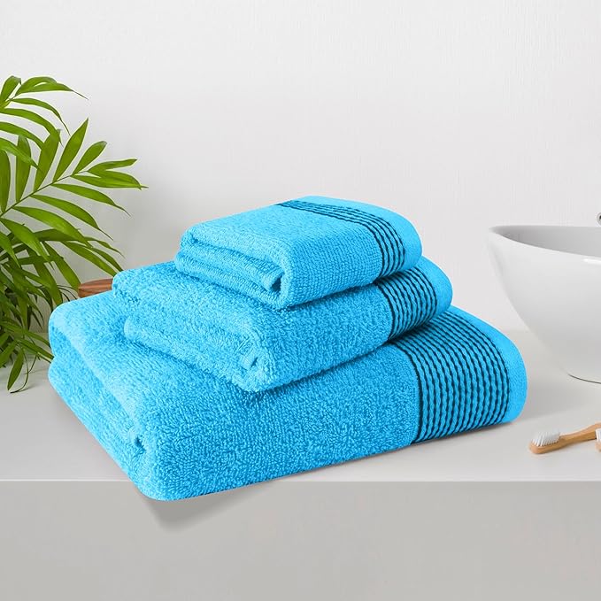 Belizzi Home Ultra Soft 3 Pack Cotton Towel Set, Contains a Bath Towel 28x55 inch, a Hand Towel 16x24 inch & a Wash Coth 12x12 inch, Ideal Everyday use, Compact & Lightweight -Turquoise Blue