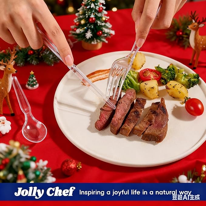 JOLLY CHEF 300 Count Clear Plastic Silverware, 100 Forks, 100 Spoons, 100 Knives, Heavy Duty Disposable Plastic Cutlery Set, Plasticware Bulk, Premium Clear Utensils for Party, Christmas