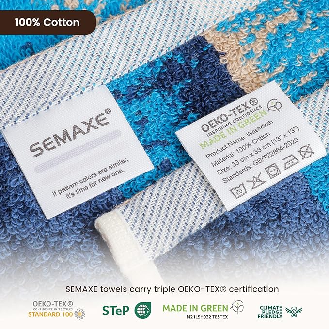 SEMAXE 100% Cotton Washcloths for Bathroom - 24 Pack, Quick-Dry Face Towels with Hanging Loop, Highly Absorbent and Soft, 13x13 Inch, Yellow | Brown | Blue