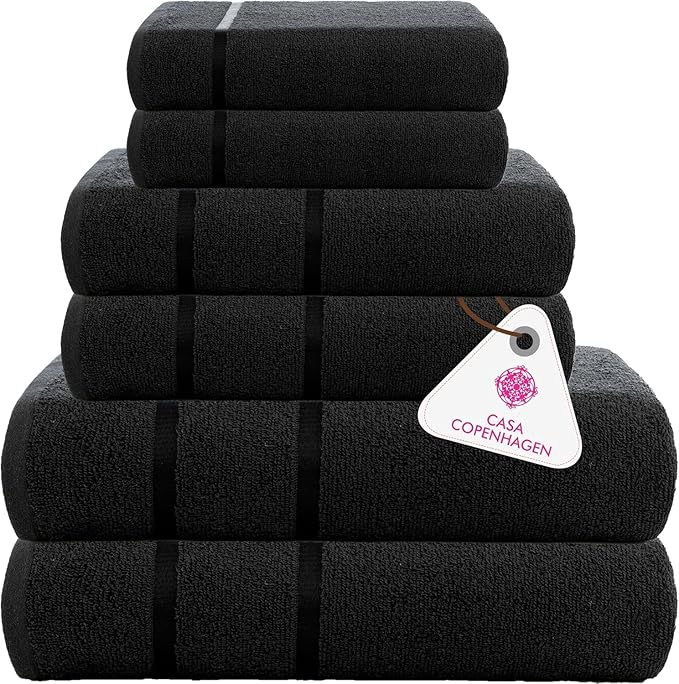 CASA COPENHAGEN Eternal 6 Pieces Towel Set- Dark Black, 500 GSM 2 Bath Towel 2 Hand Towel 2 Washcloth, Designed in Denmark Made of Soft Egyptian Cotton for Bathroom, Kitchen & Shower