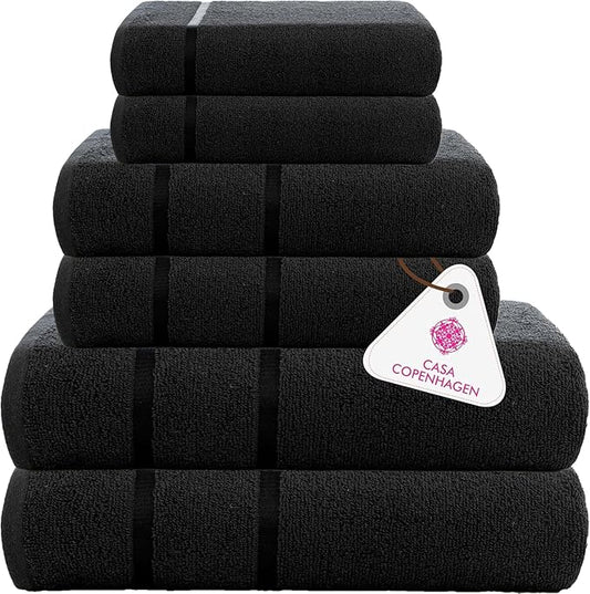 CASA COPENHAGEN Eternal 6 Pieces Towel Set- Dark Black, 500 GSM 2 Bath Towel 2 Hand Towel 2 Washcloth, Designed in Denmark Made of Soft Egyptian Cotton for Bathroom, Kitchen & Shower