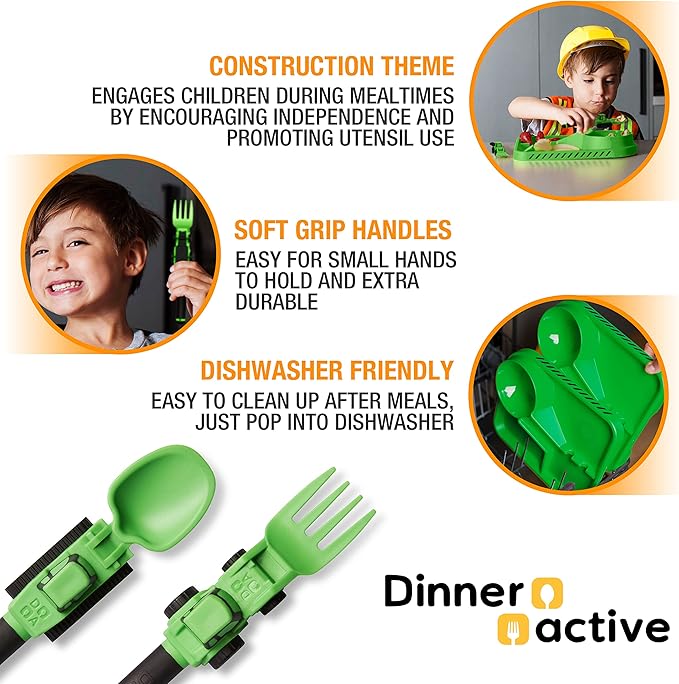 Dinneractive Green Construction Themed Toddler Utensil Set 2-Piece Set Loader & Tractor Toddler Spoons and Forks
