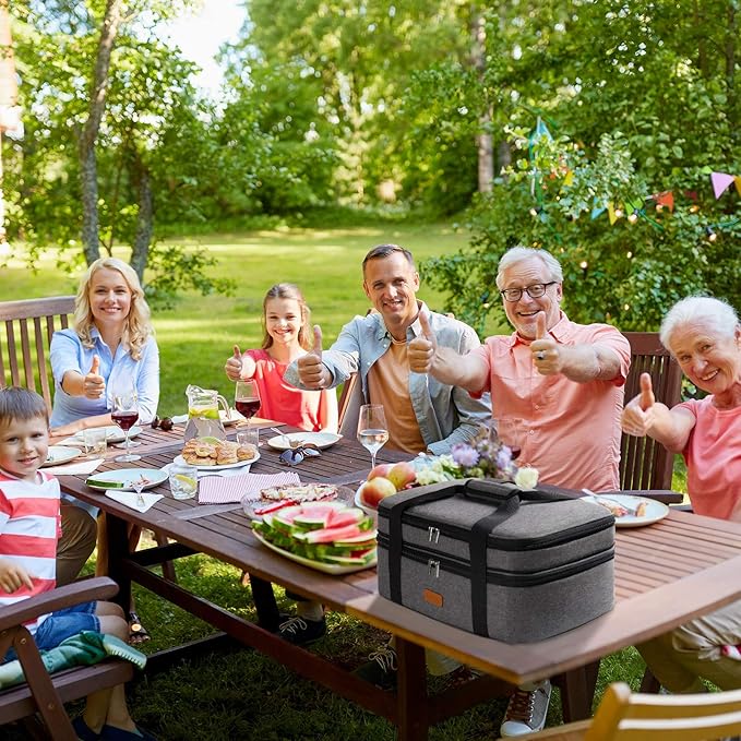 LHZK Insulated Casserole Carrier - Expandable Holder Tote for Hot or Cold Food, Fits 11 x 15 or 9 x 13 Baking Dishes - For Potlucks, Picnics, Beach (Grey)