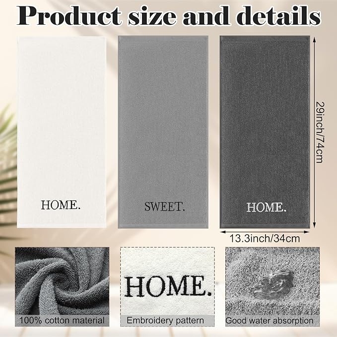 3 Pcs Farmhouse Decorative Hand Towels for Bathroom and Kitchen Rustic Embroidered 100% Cotton Hand Towels Decorative Set for Boho Bathroom Decor (Gray,Home Sweet Home)